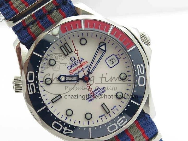 0213 FashionForward Seamaster 300M 007 SS URF 1:1 Best Edition White Dial Ceramic Bezel On Nylon Strap A2507(Free SS Bracelet) 8118